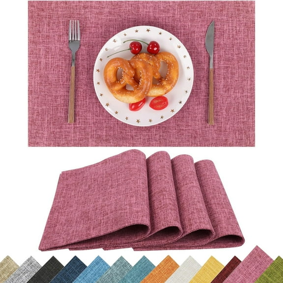 Placemats Set of 4, Yamaziot Double Layer Cloth Fabric Heat Resistant Place Mat, Washable Reversible Rectangle Dining Table Mats, Pink, 12"x18"
