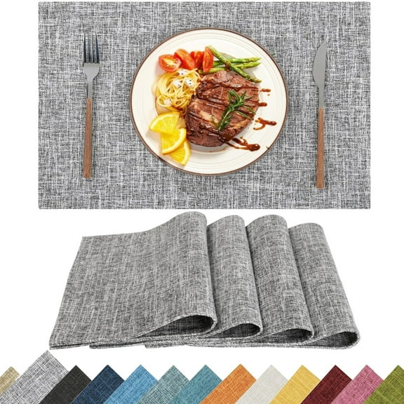 Placemats Set of 4, Yamaziot Double Layer Cloth Fabric Heat Resistant Place Mat, Washable Reversible Rectangle Dining Table Mats, Linen Style Silver Gray, 12"x18"