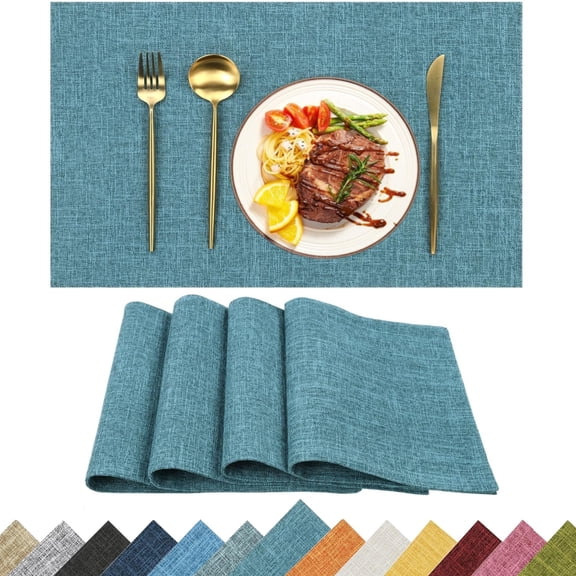 Placemats Set of 4, Yamaziot Double Layer Cloth Fabric Heat Resistant Place Mat, Washable Reversible Rectangle Dining Table Mats, Linen Style Teal, 12"x18"