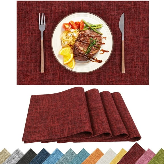 Placemats Set of 4, Yamaziot Double Layer Cloth Fabric Heat Resistant Place Mat, Washable Reversible Rectangle Dining Table Mats, Linen Style Wine Red, 12"x18"