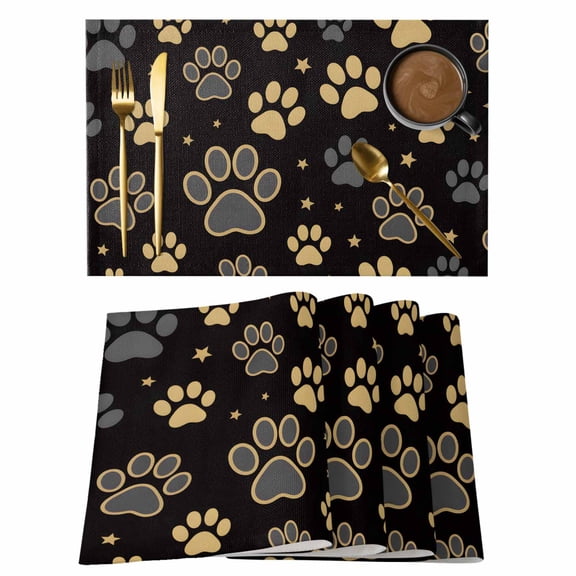 Placemats Set of 4, Yellow Black Dog Paws Woven Placemat, Linen Place Mats for Kitchen/Dining Tables, Vintage Pastoral Retro Art Washable Table Mats for Party