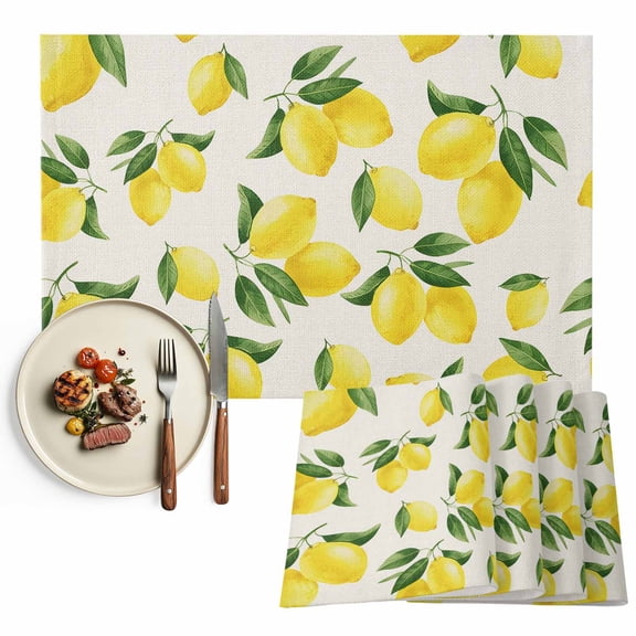 Placemats Set of 4, Yellow Lemon Place Mats Summer Fruit Linen Tablemats Washable Placemat Table Decoration for Kitchen Table Dinner Party Home Decor Indoor Outdoor 13x19 Inch