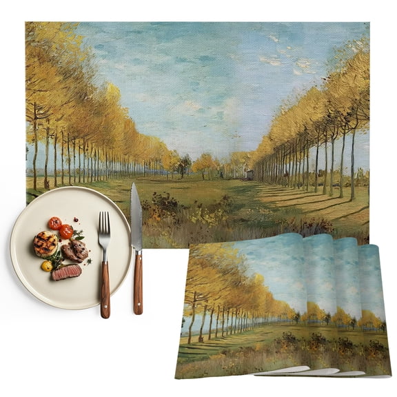 Placemats Set of 4, Yellow Tree Lined Path Place Mats Blue Sky Oil Painting Tablemats Washable Placemat Table Decoration for Kitchen Table Dinner Party Home Decor Indoor Outdoor 13x19 Inch