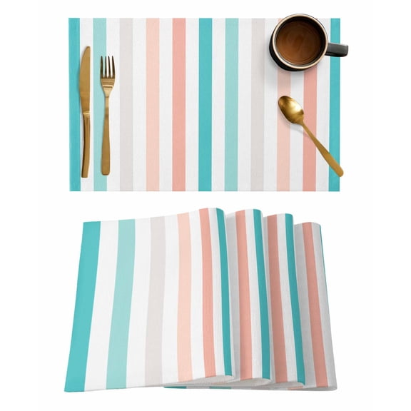 Placemats Set of 6, Aqua Teal Stripe Woven Placemat, Linen Place Mats for Kitchen/Dining Tables, Geometric Grey White Vertical Striped Washable Table Mats for Party