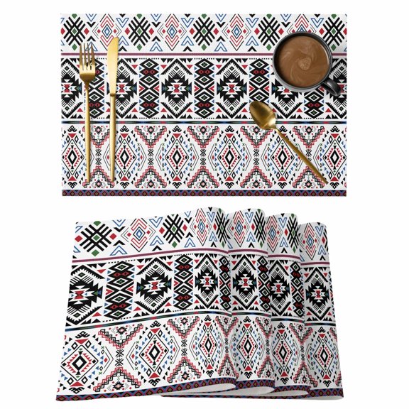 Placemats Set of 6 Aztec Geometric White Non-Slip Place Mat Ethnic Tribe Pattern Table Mats Washable Stain-Resistant Tablemats for Party/Dining Room/Kitchen Decorations