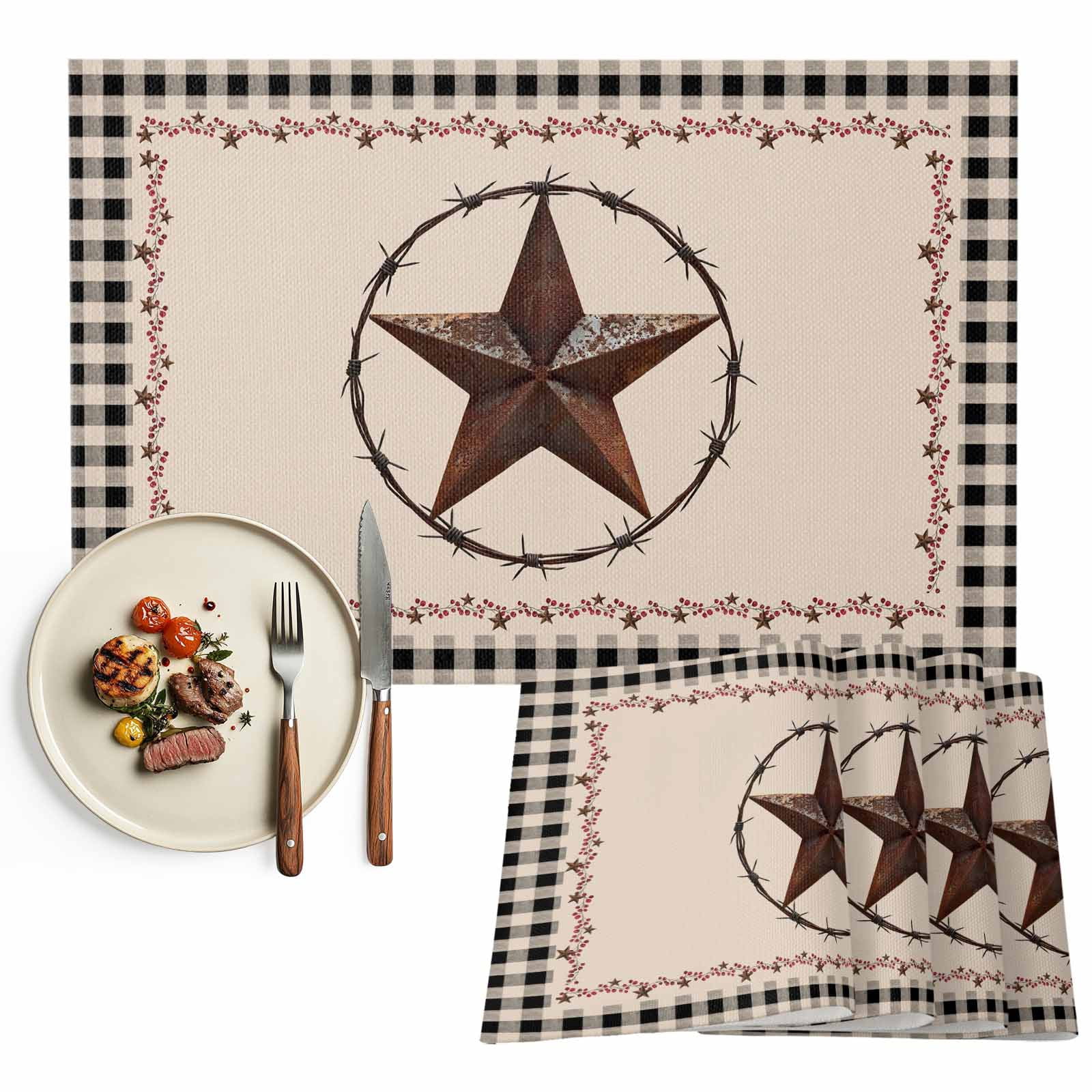 Farmhouse Stars & Berries Table Placemat – Burgundy & Tan Plaid, Primitive, 13x19, Embroidered
