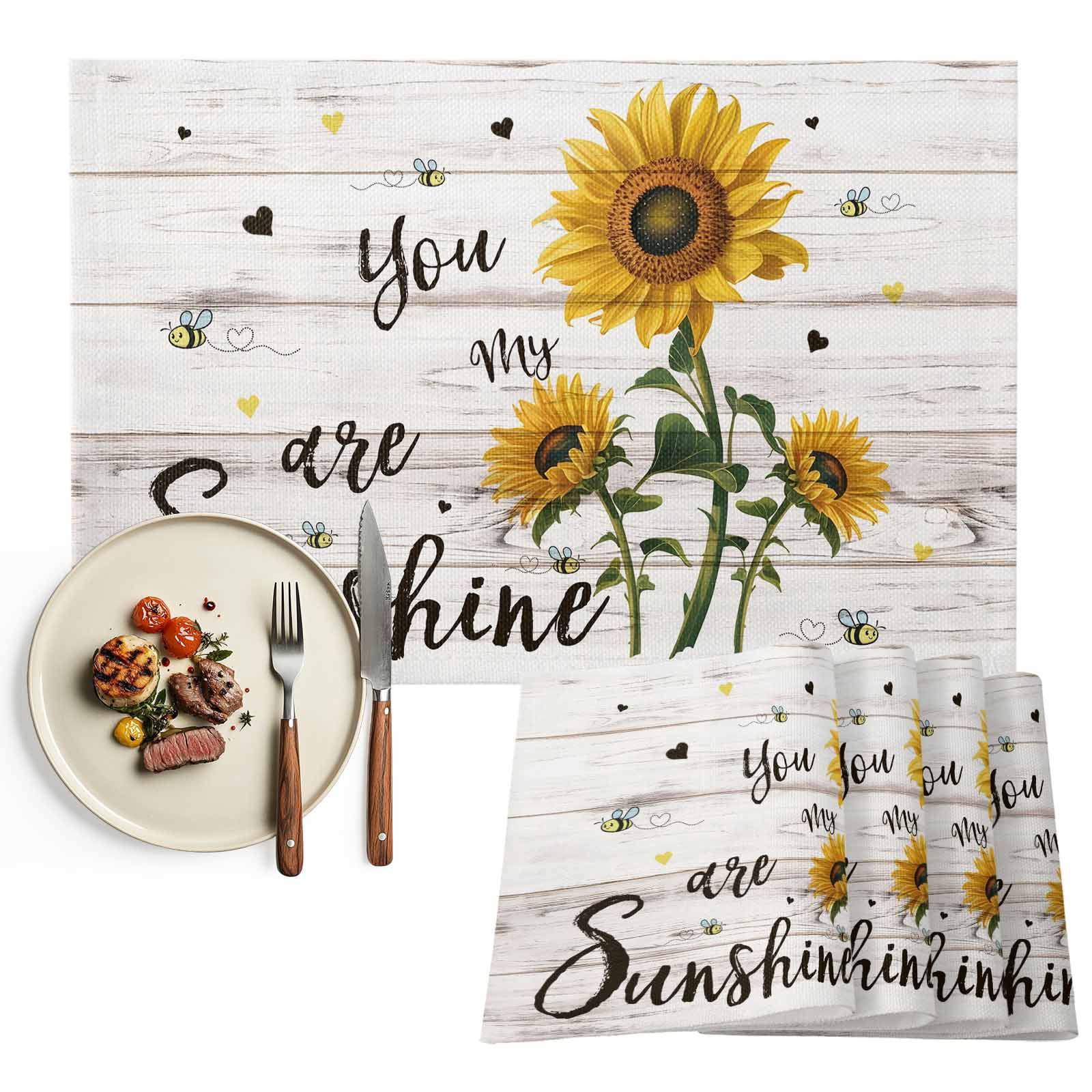 Placemats Set of 6, Bee Sunflower Place Mats Wood Grain You Are My ...