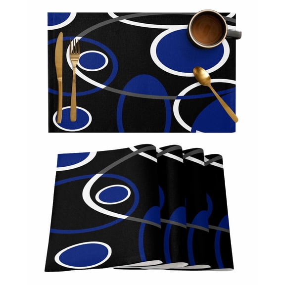 Placemats Set of 6, Black Blue Woven Placemat, Linen Place Mats for Kitchen/Dining Tables, White Circle Geometric Abstract Texture Washable Table Mats for Party
