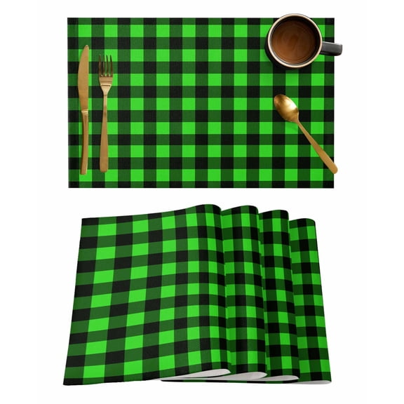 Placemats Set of 6, Black Green Plaid Woven Placemat, Linen Place Mats for Kitchen/Dining Tables, Modern Buffalo Checked Gingham Art Washable Table Mats for Party