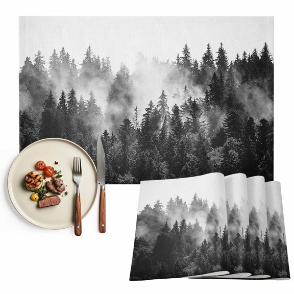 Placemats Set of 6, Black Misty Forest Place Mats Green Trees Mountain Landscape Tablemats Washable Placemat Table Decoration for Kitchen Table Dinner Party Home Decor Indoor Outdoor 13x19 Inch