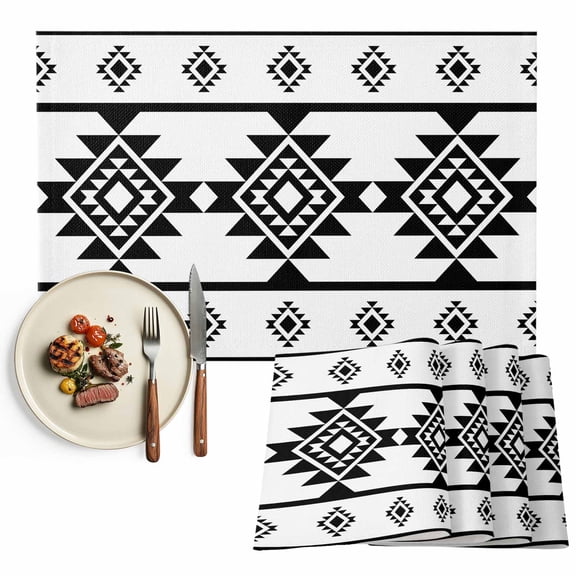 Placemats Set of 6, Black White Aztec Place Mats Western Tribal Pattern Tablemats Washable Placemat Table Decoration for Kitchen Table Dinner Party Home Decor Indoor Outdoor 13x19 Inch
