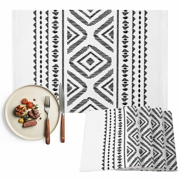 Placemats Set of 6, Black White Boho Place Mats Geometric Tribe Bohemian Style Tablemats Washable Placemat Table Decoration for Kitchen Table Dinner Party Home Decor Indoor Outdoor 13x19 Inch