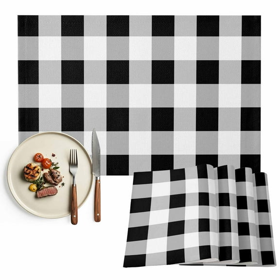 Placemats Set of 6, Black White Buffalo Plaid Place Mats Classic Checked Tablemats Washable Placemat Table Decoration for Kitchen Table Dinner Party Home Decor Indoor Outdoor 13x19 Inch