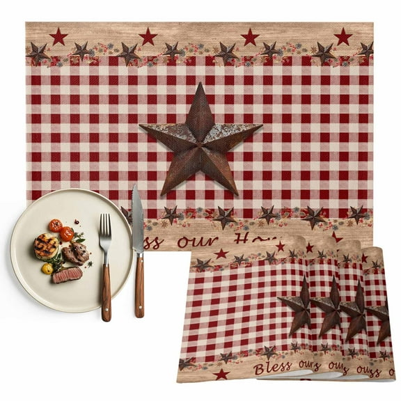 Placemats Set of 6, Bless Our Home Place Mats Texas Star Red Buffalo Plaid Tablemats Washable Placemat Table Decoration for Kitchen Table Dinner Party Home Decor Indoor Outdoor 13x19 Inch