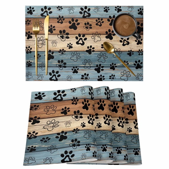 Placemats Set of 6, Blue Brown Woven Placemat, Linen Place Mats for Kitchen/Dining Tables, Rustic Farmhouse Dog Paw Vintage Washable Table Mats for Party