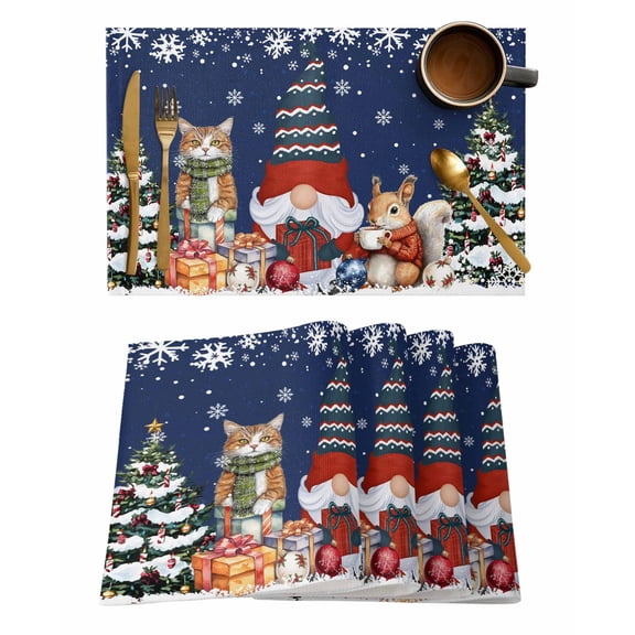 Placemats Set of 6, Blue Christmas Woven Placemat, Linen Place Mats for Kitchen/Dining Tables, Gnomes Cat Squirrel Pine Tree Winter Snowy Washable Table Mats for Party