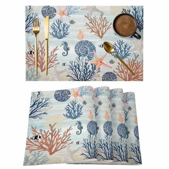 Placemats Set of 6, Blue Coastal Woven Placemat, Linen Place Mats for Kitchen/Dining Tables, Summer Beach Coral Shell Starfish Seahorse Washable Table Mats for Party
