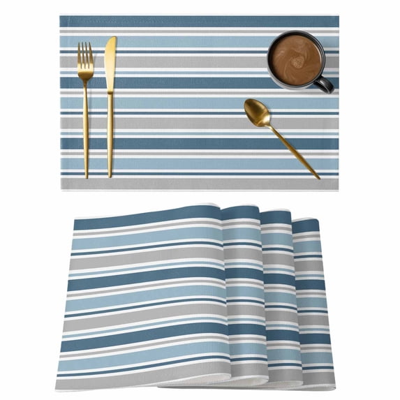 Placemats Set of 6, Blue Grey Striped Woven Placemat, Linen Place Mats for Kitchen/Dining Tables, Farmhouse Stripes Modern Abstract Art Washable Table Mats for Party