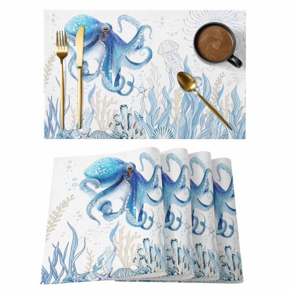 Placemats Set of 6, Blue Octopus Coastal Woven Placemat, Linen Place Mats for Kitchen/Dining Tables, Summer Beach Nautical Ocean Coral Starfish Washable Table Mats for Party