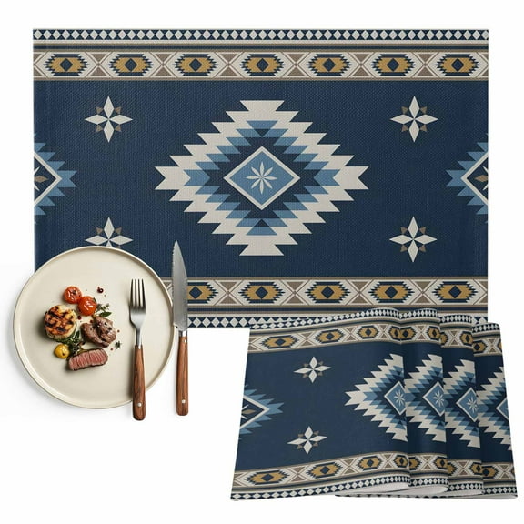Placemats Set of 6, Blue Tribal Geometric Place Mats Vintage Boho Native Abstract Tablemats Washable Placemat Table Decoration for Kitchen Table Dinner Party Home Decor Indoor Outdoor 13x19 Inch