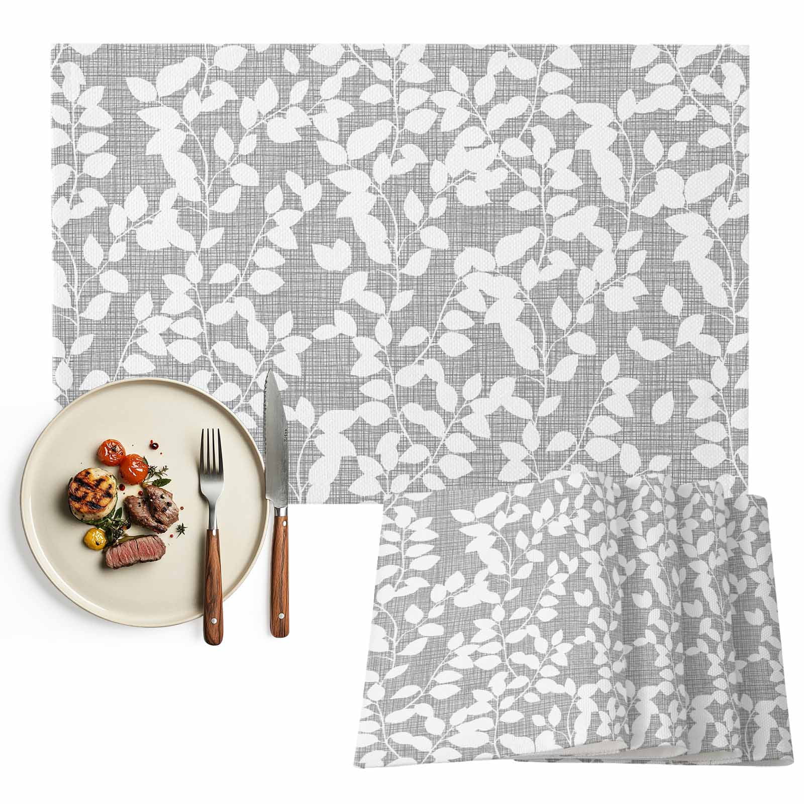 Placemats Set of 6, Branch Leaves Place Mats Plant Grey White Tablemats ...