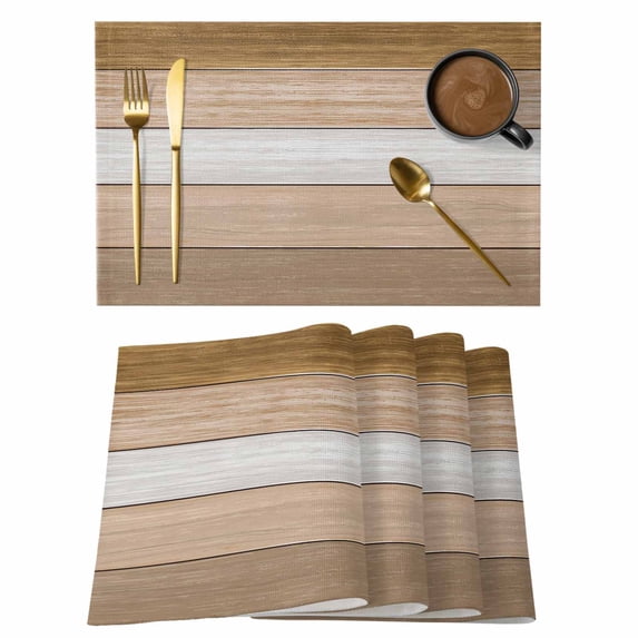 Placemats Set of 6, Brown Wood Grain Woven Placemat, Linen Place Mats for Kitchen/Dining Tables, Country Retro Wooden Plank Farmhouse Washable Table Mats for Party