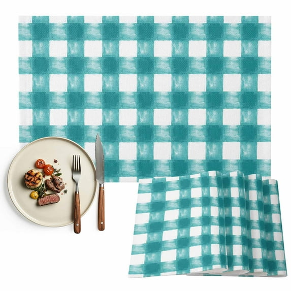 Placemats Set of 6, Buffalo Check Watercolor Place Mats Turquoise White Plaid FarmHouse Tablemats Placemat Table Decoration for Kitchen Table Dinner Party Home Decor Indoor Outdoor 13x19 Inch