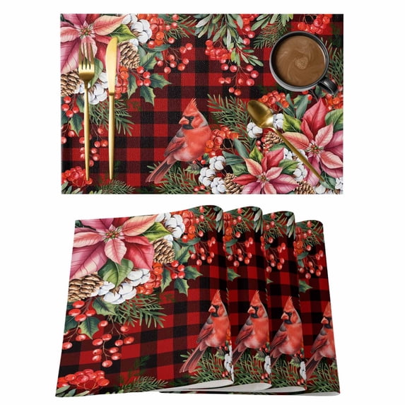 Placemats Set of 6, Cardinal Bird Woven Placemat, Linen Place Mats for Kitchen/Dining Tables, Poinsettia Pine Cones Berry Flowers Red Plaid Washable Table Mats for Party