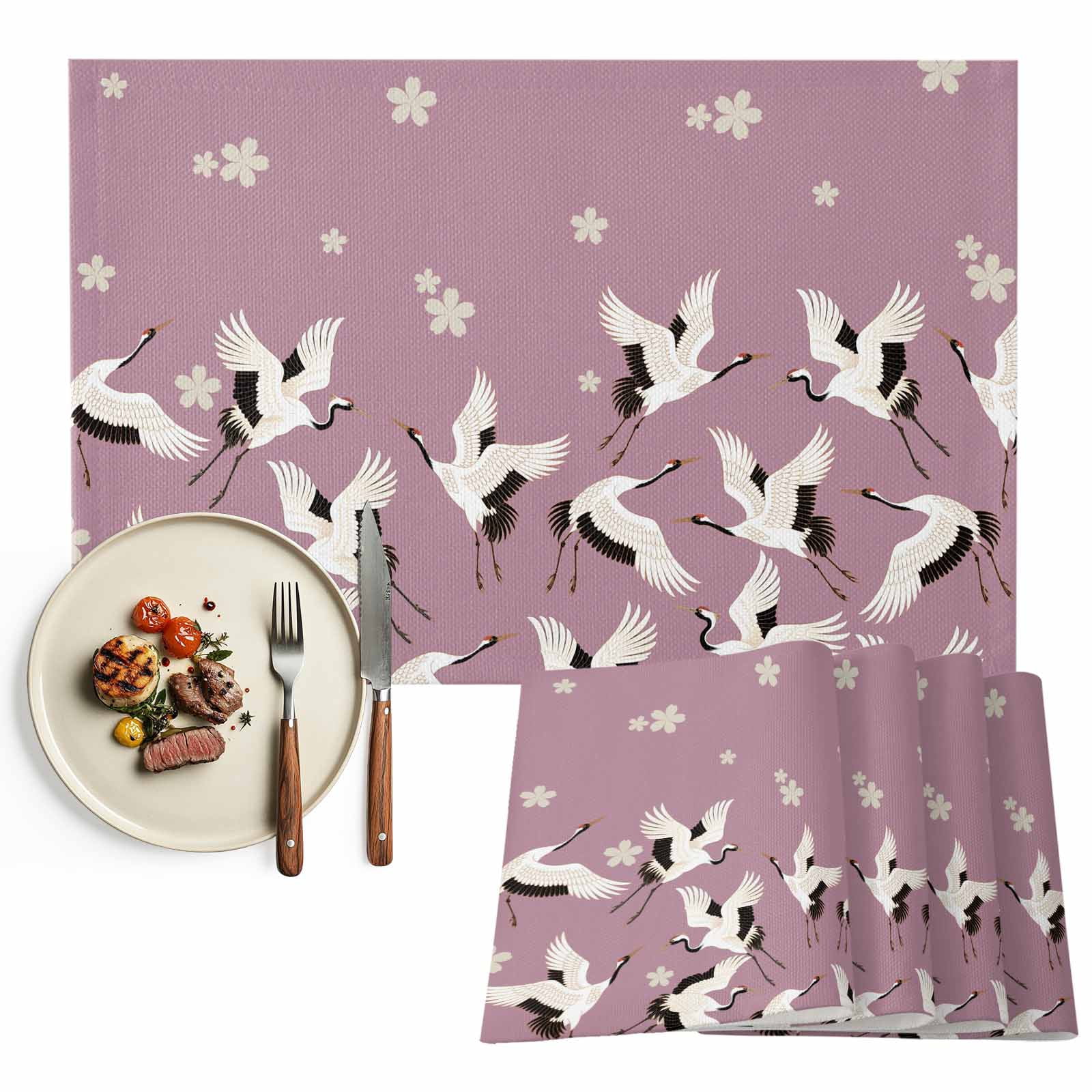 Placemats Set of 6, Cherry Blossom Crane Place Mats Japanese Style Pink ...