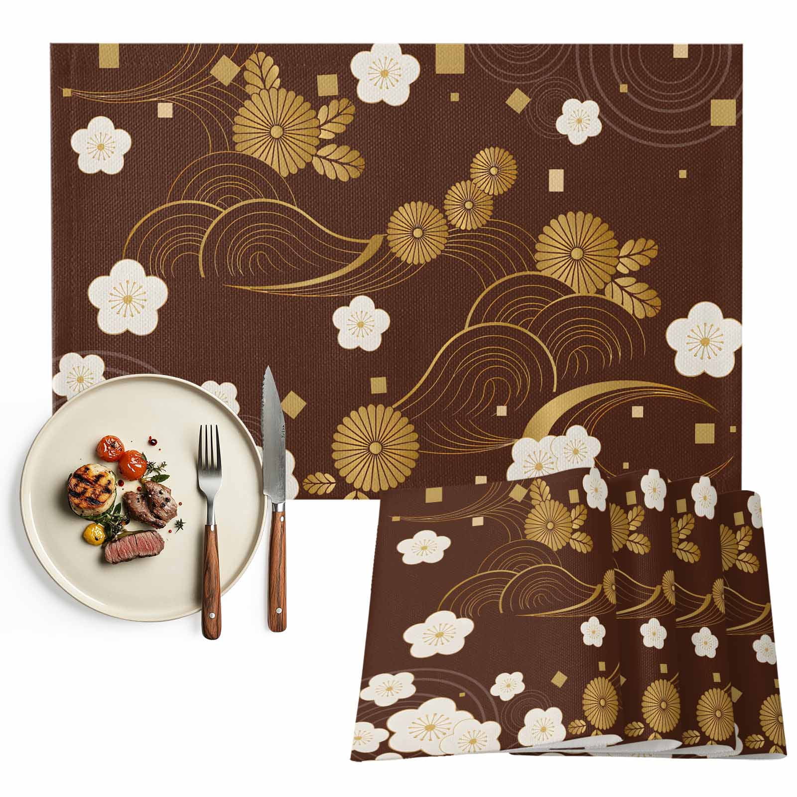 Placemats Set of 6, Cherry Blossoms Place Mats Japanese Style Gold ...