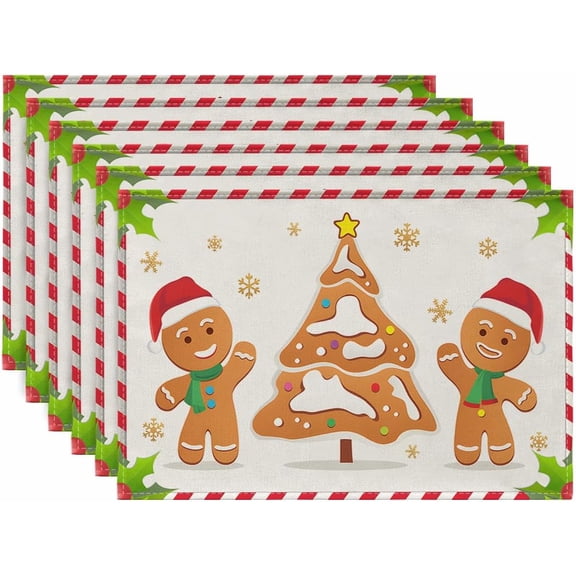 Placemats Set of 6, Christmas Candy Cane and Gingerbread Man Washable Heat Resistant Linen Table Mats, Kitchen Decor Non-Slip Place Mats for Party Dining, 12x18 Inch