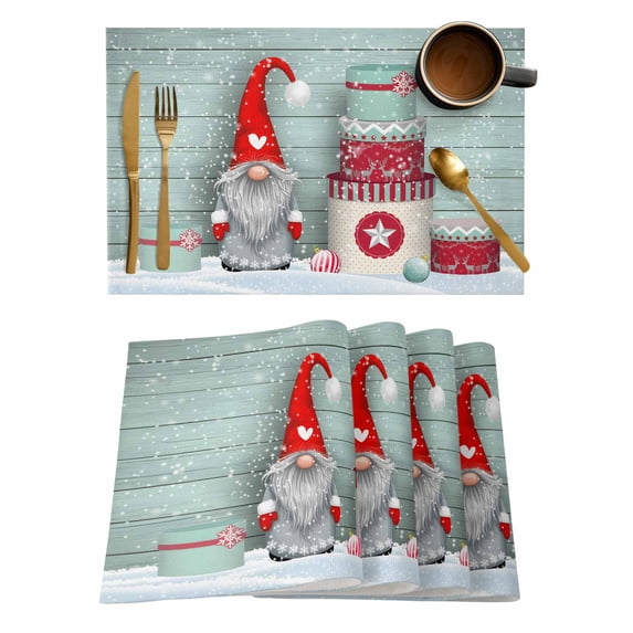 Placemats Set of 6, Christmas Gnomes Woven Placemat, Linen Place Mats for Kitchen/Dining Tables, Teal Wooden Vintage Snowflake Washable Table Mats for Party