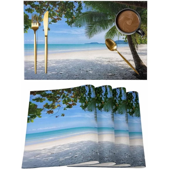 Placemats Set of 6, Coastal Beach Washable Wipeable Table Mats for Dining Tables, Summer Ocean Sea Modern Palm Coconut Tree Indoor Outdoor Waterproof Kitchen Place Mats for Holiday Table Decor