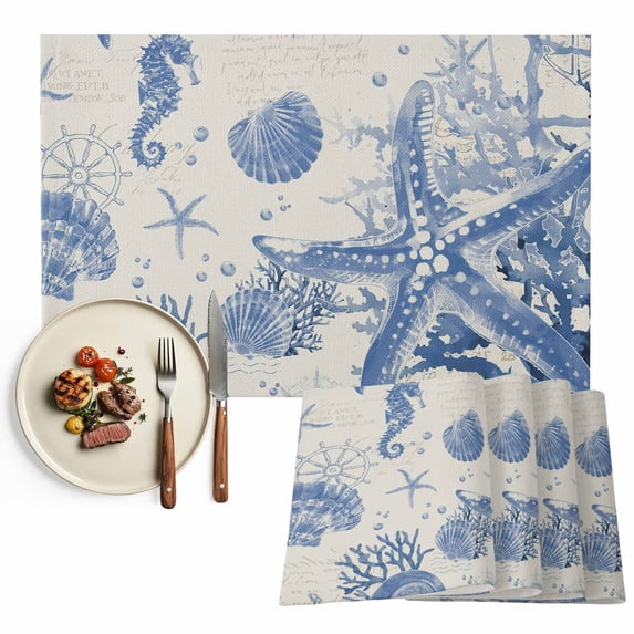 Placemats Set of 6, Conch Starfish Place Mats Blue Shell Seahorse Tablemats Washable Placemat Table Decoration for Kitchen Table Dinner Party Home Decor Indoor Outdoor 13x19 Inch