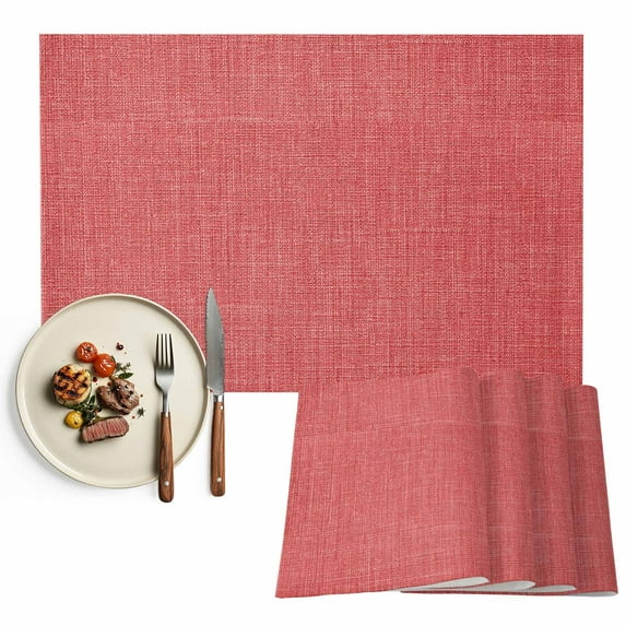Placemats Set of 6, Coral Red Linen Place Mats Farmhouse Pure Color Tablemats Washable Placemat Table Decoration for Kitchen Table Dinner Party Home Decor Indoor Outdoor 13x19 Inch