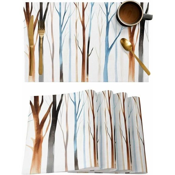 Placemats Set of 6, Cotton Linen Heat Table Mats Non-Slip Washable Blue Brown Forest Trunk Silhouette Placemat for Holiday Banquet Dining Kitchen Table Decor