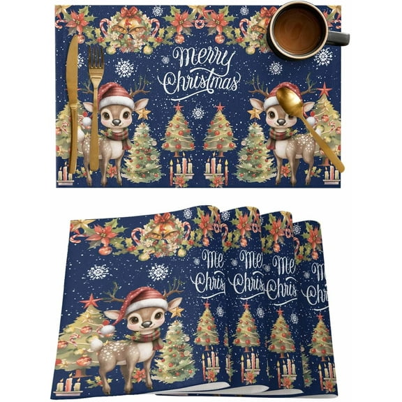 Placemats Set of 6, Cotton Linen Heat Table Mats Non-Slip Washable Christmas Tree Winter Deer Garland Bell Poinsettia Dark Blue Placemat for Holiday Banquet Dining Kitchen Table Decor