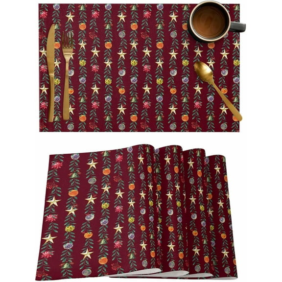 Placemats Set of 6, Cotton Linen Heat Table Mats Non-Slip Washable Christmas Winter Plants Stars Bell Berries Wine Red Placemat for Holiday Banquet Dining Kitchen Table Decor