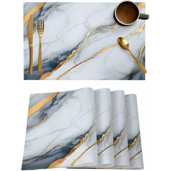 Placemats Set of 6, Cotton Linen Heat Table Mats Non-Slip Washable Gold Gray White Abstract Texture Placemat for Holiday Banquet Dining Kitchen Table Decor
