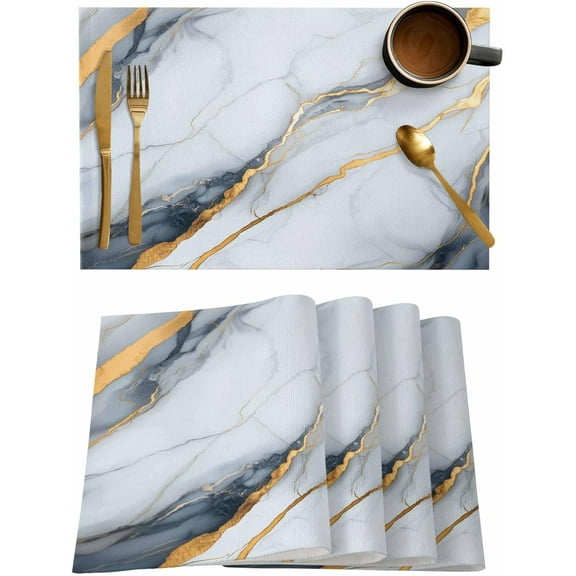 Placemats Set of 6, Cotton Linen Heat Table Mats Non-Slip Washable Gold Gray White Abstract Texture Placemat for Holiday Banquet Dining Kitchen Table Decor