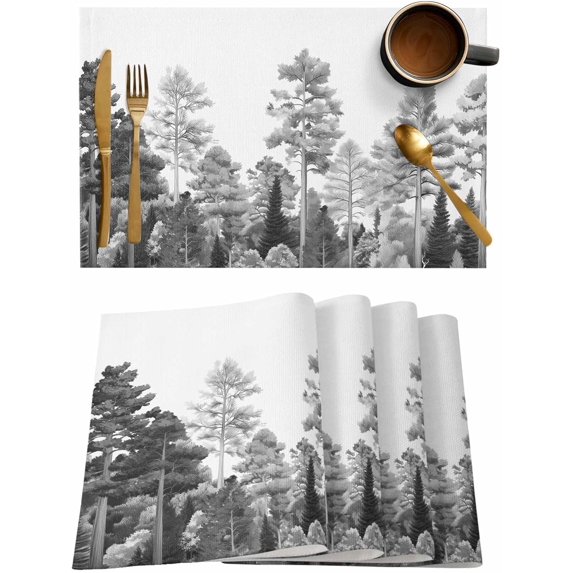 Placemats Set of 6, Cotton Linen Heat Table Mats Non-Slip Washable Gray Pine Tree Forest Watercolor Modern Art Placemat for Holiday Banquet Dining Kitchen Table Decor