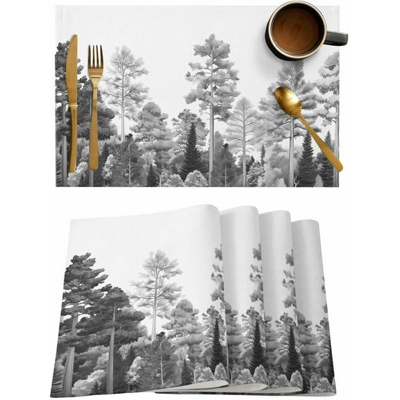 Placemats Set of 6, Cotton Linen Heat Table Mats Non-Slip Washable Gray Pine Tree Forest Watercolor Modern Art Placemat for Holiday Banquet Dining Kitchen Table Decor