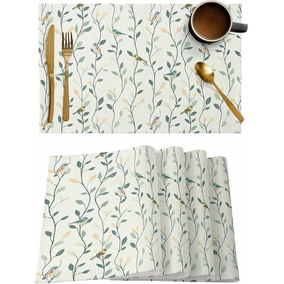 Placemats Set of 6, Cotton Linen Heat Table Mats Non-Slip Washable Green Ombre Leaves Birds Spring Placemat for Holiday Banquet Dining Kitchen Table Decor