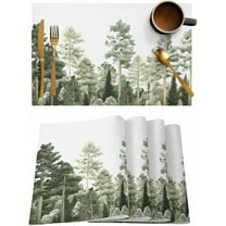 Placemats Set of 6, Cotton Linen Heat Table Mats Non-Slip Washable Green Pine Tree Forest Watercolor Hand Drawn Placemat for Holiday Banquet Dining Kitchen Table Decor
