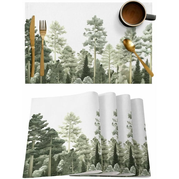 Placemats Set of 6, Cotton Linen Heat Table Mats Non-Slip Washable Green Pine Tree Forest Watercolor Hand Drawn Placemat for Holiday Banquet Dining Kitchen Table Decor