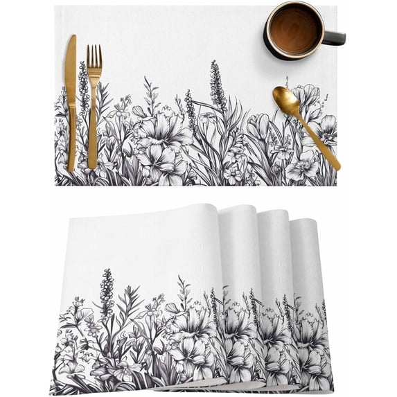 Placemats Set of 6, Cotton Linen Heat Table Mats Non-Slip Washable Lavender Wildflowers Leaves Black White Placemat for Holiday Banquet Dining Kitchen Table Decor
