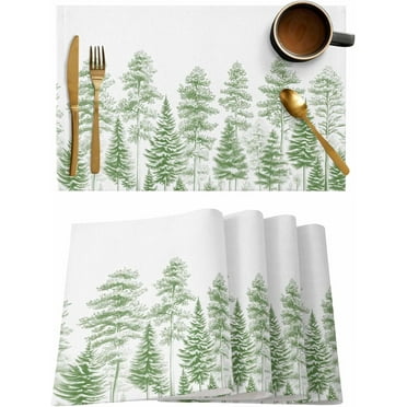 Placemats Set of 6, Cotton Linen Heat Table Mats Non-Slip Washable Light Green Forest Line Art Nature Illustration Placemat for Holiday Banquet Dining Kitchen Table Decor