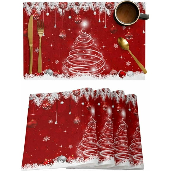 Placemats Set of 6, Cotton Linen Heat Table Mats Non-Slip Washable Merry Christmas Balls Red Pine Needles Snowflake Xmas Tree Placemat for Holiday Banquet Dining Kitchen Table Decor