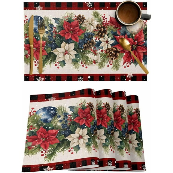 Placemats Set of 6, Cotton Linen Heat Table Mats Non-Slip Washable Merry Christmas Poinsettia Blue Berry Buffalo Snowflake Placemat for Holiday Banquet Dining Kitchen Table Decor