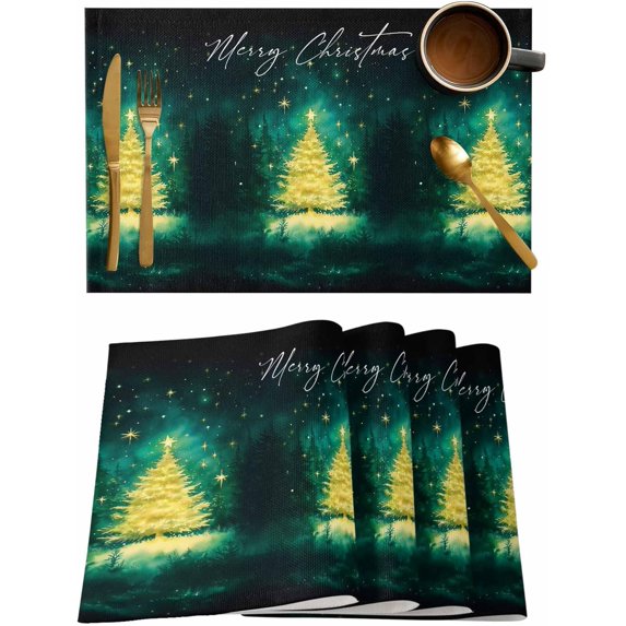 Placemats Set of 6, Cotton Linen Heat Table Mats Non-Slip Washable Merry Christmas Winter Xmas Tree Star Placemat for Holiday Banquet Dining Kitchen Table Decor